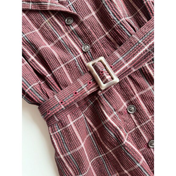 MOUSSY Dark Red Burgundy Check Cotton Seersucker Retro Midi Shirt Dress, Size M - Picture 8 of 13